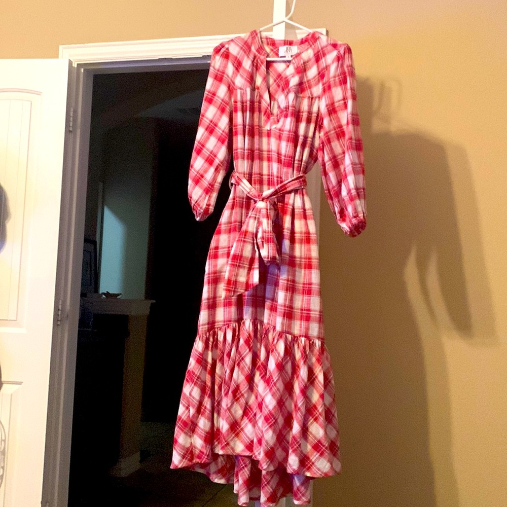 DRA Los Angeles midi length cotton red plaid prairie style dress.
